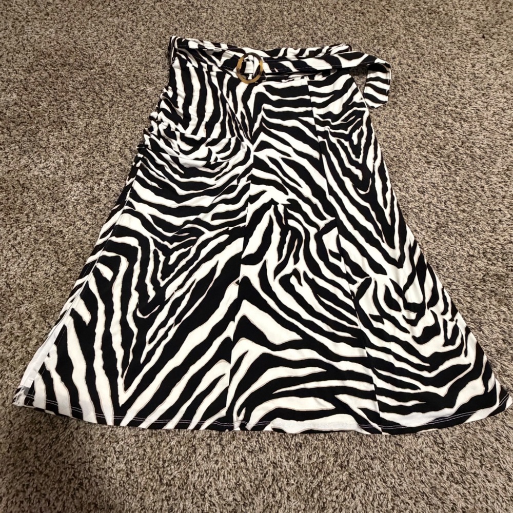 White House Black Market Zebra Print Belted Midi Skirt Black White Womens Medium
